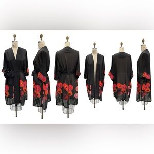 Sheer Black Floral Kimono Robe with Red Poppy Print